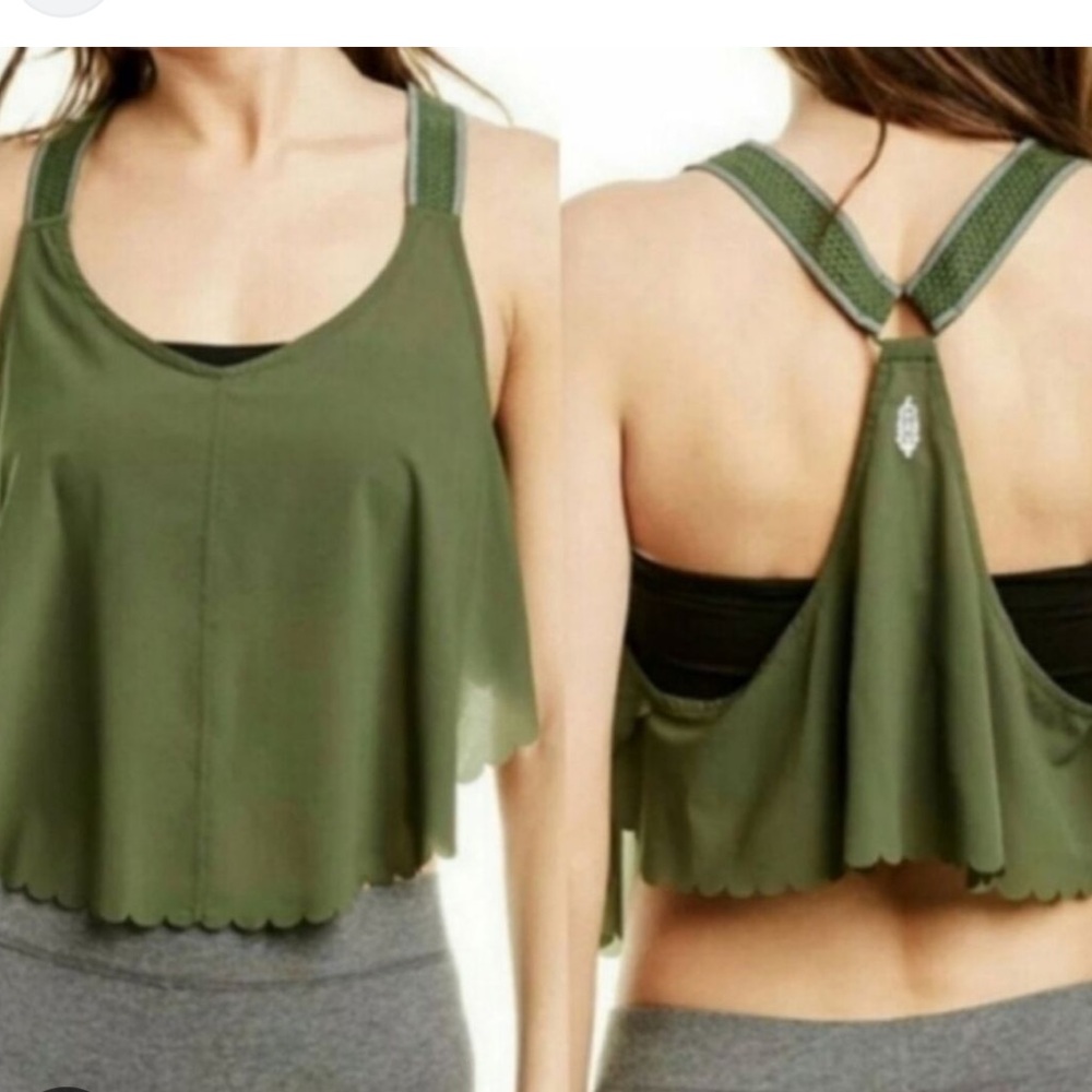 NEW Free People Movement SMALL Pretty lil running top Scallop Edge Army